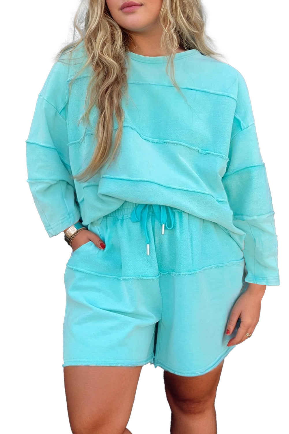 Aruba Blue Solid Color Pullover Top Plus Size Raw Hem Shorts Set
