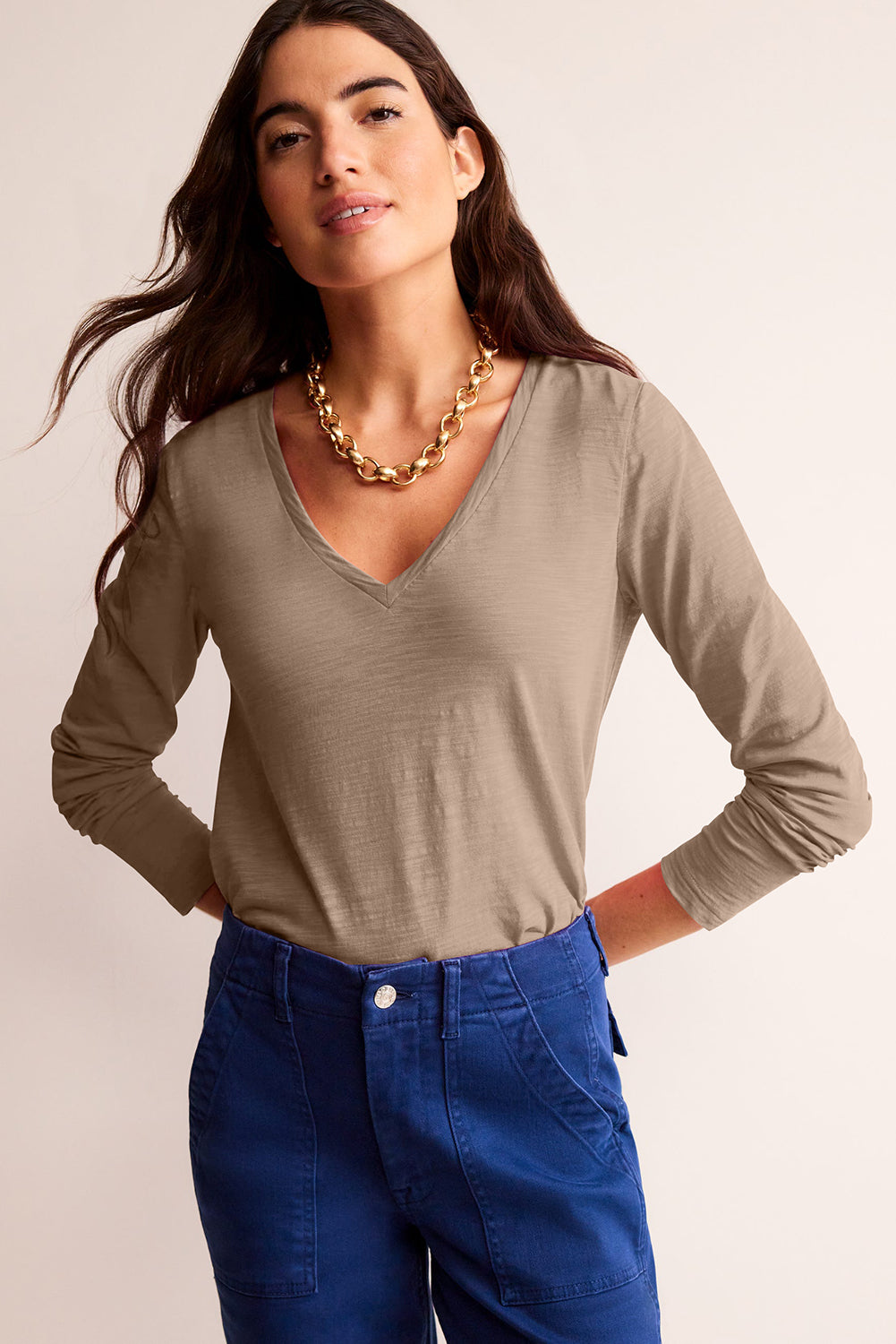 Smoke Gray Plain V Neck Long Sleeve Top