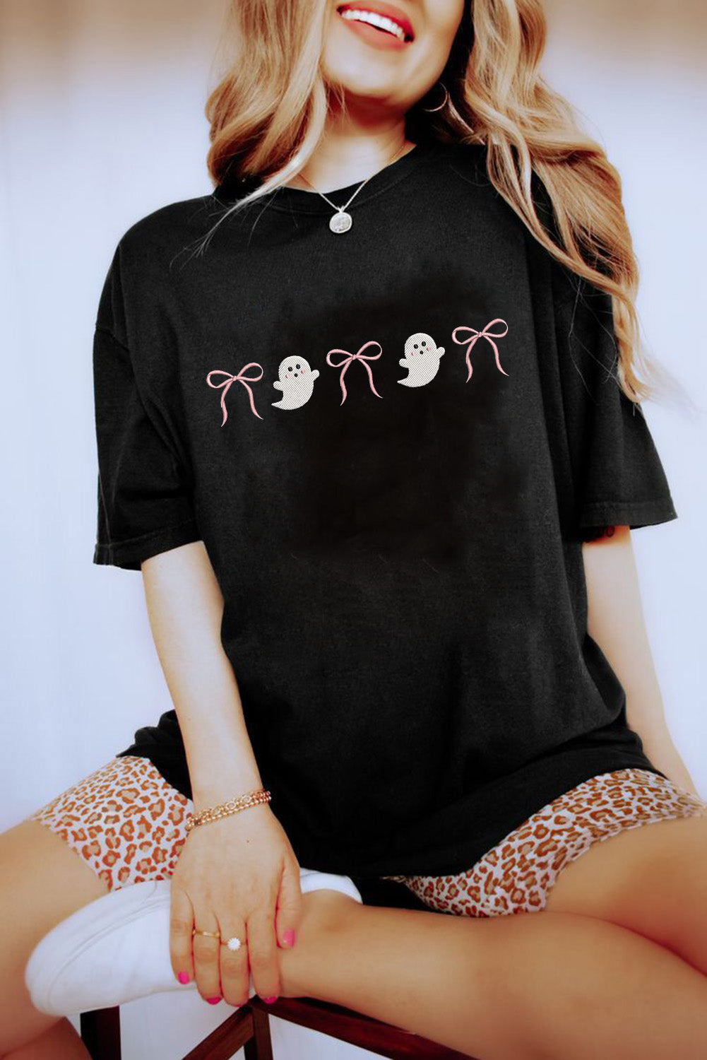 Black Halloween Ghost Bow Embroidered Loose T Shirt