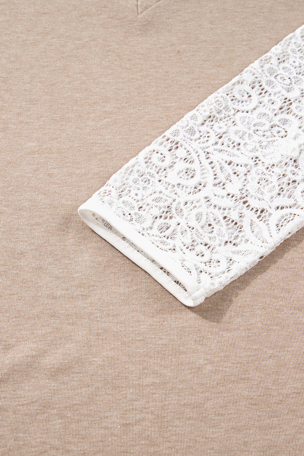 Oatmeal Lace Patchwork Sleeve V Neck Top