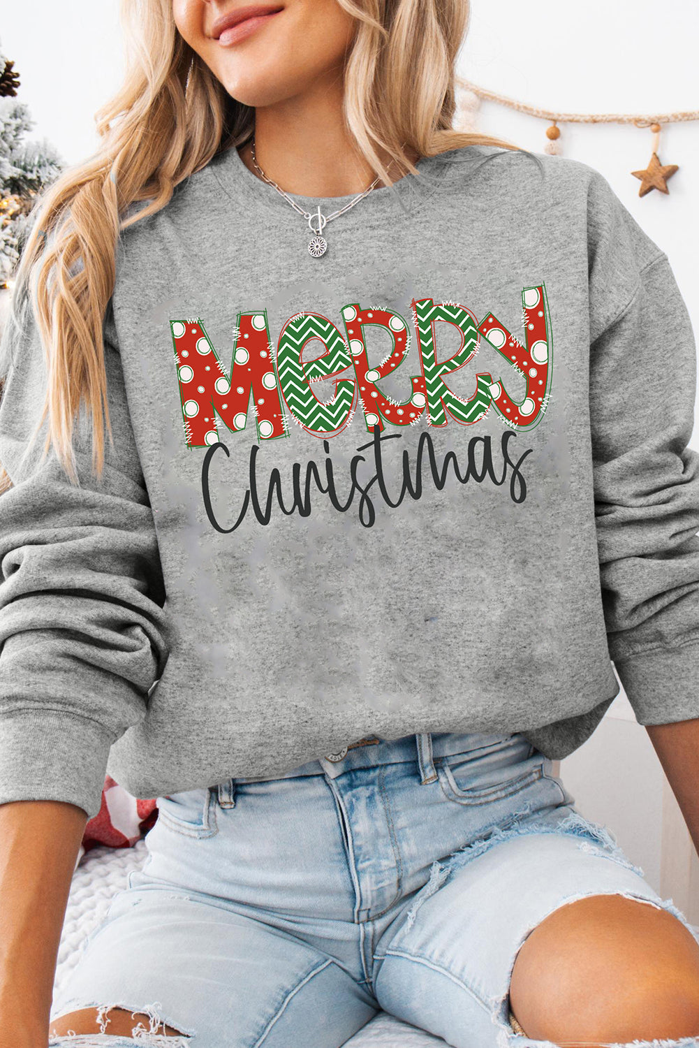 Gray Merry Christmas Festive Letter  Heat Transfer Printing Drop Shoulder Sweatshirt