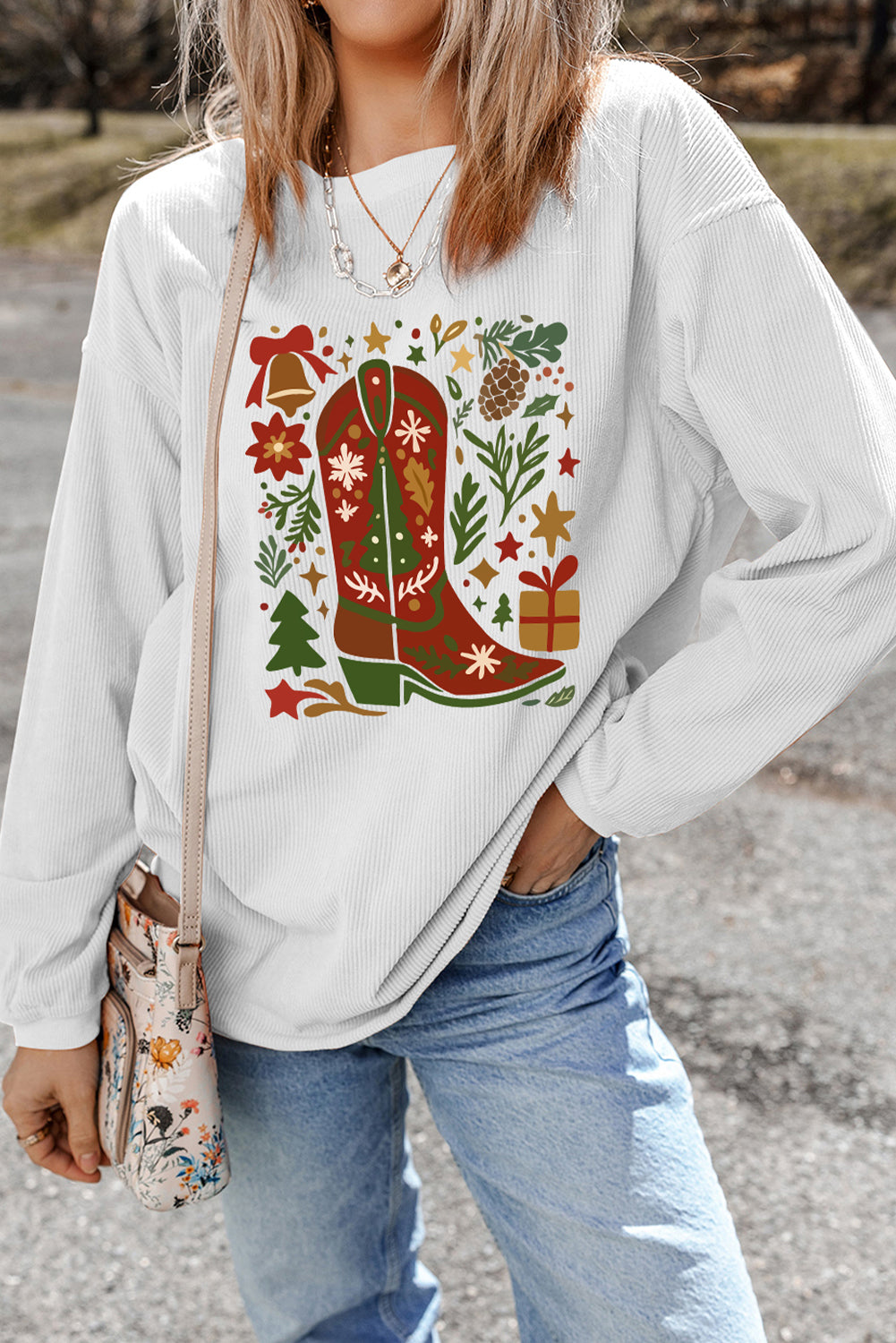 White Christmas Leafy Boot Printed Corded Rib Drop Shoulder Sweatshirt