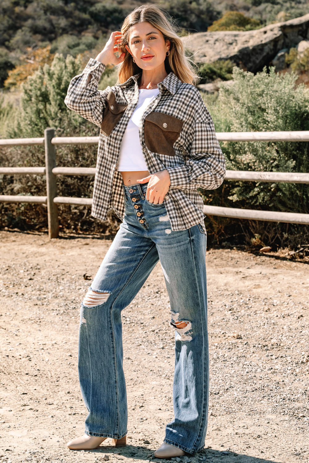 Green Contrast Corduroy Flap Pocket Patchwork Plaid Shacket