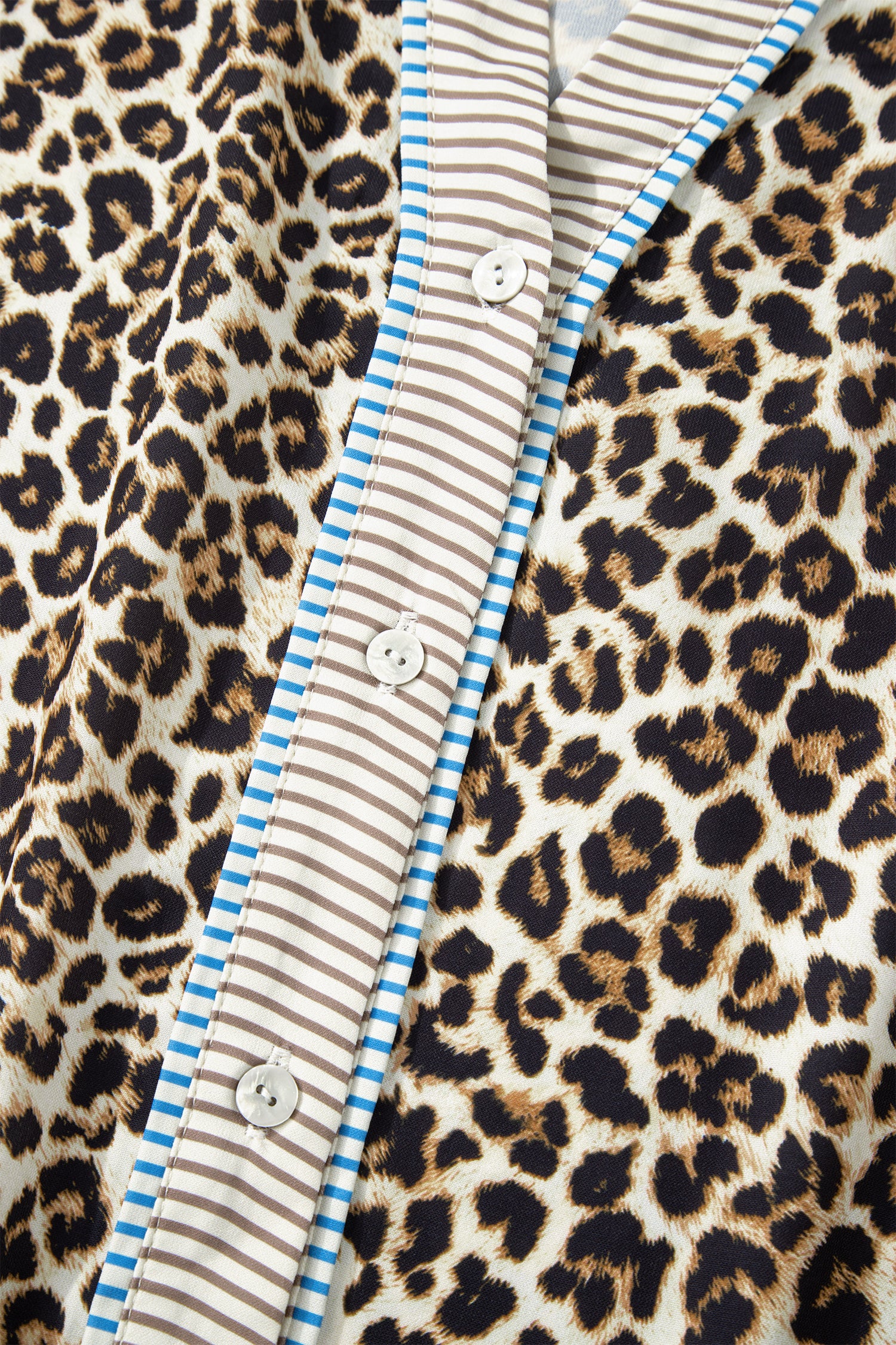 Khaki Plus Size Leopard Print Striped Trim V Neck Drop Waist Long Sleeve Mini Dress