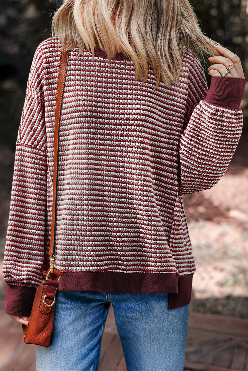Brown Stripe Ribbed Trim Drop Shoulder Long Sleeve Oversized Top
