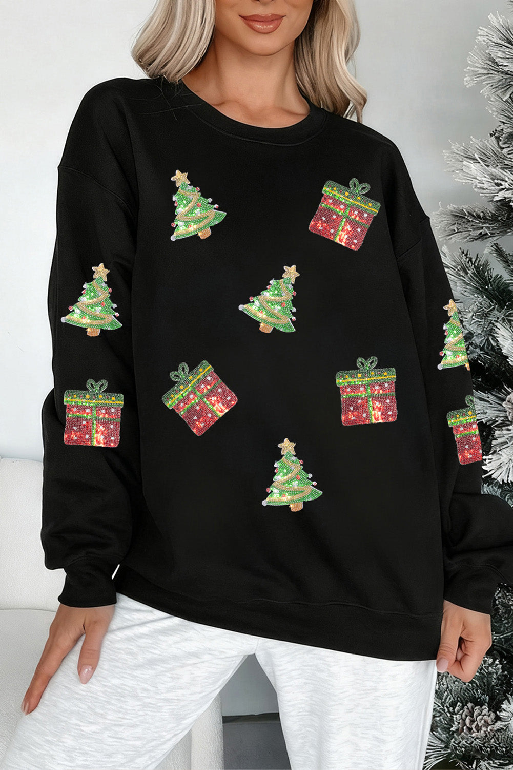 Black Sequin Christmas Trees Gifts Patched Drop Shoulder Sweatshirt