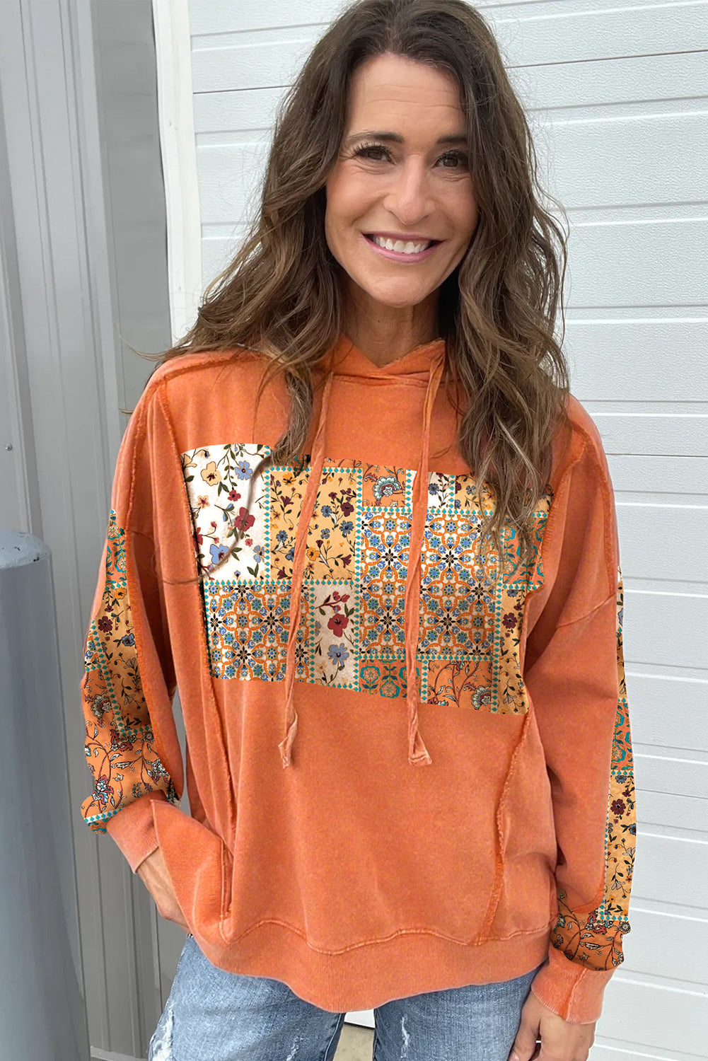 Flamingo Mix Floral Patchwork Side Slit Drawstring Hoodie