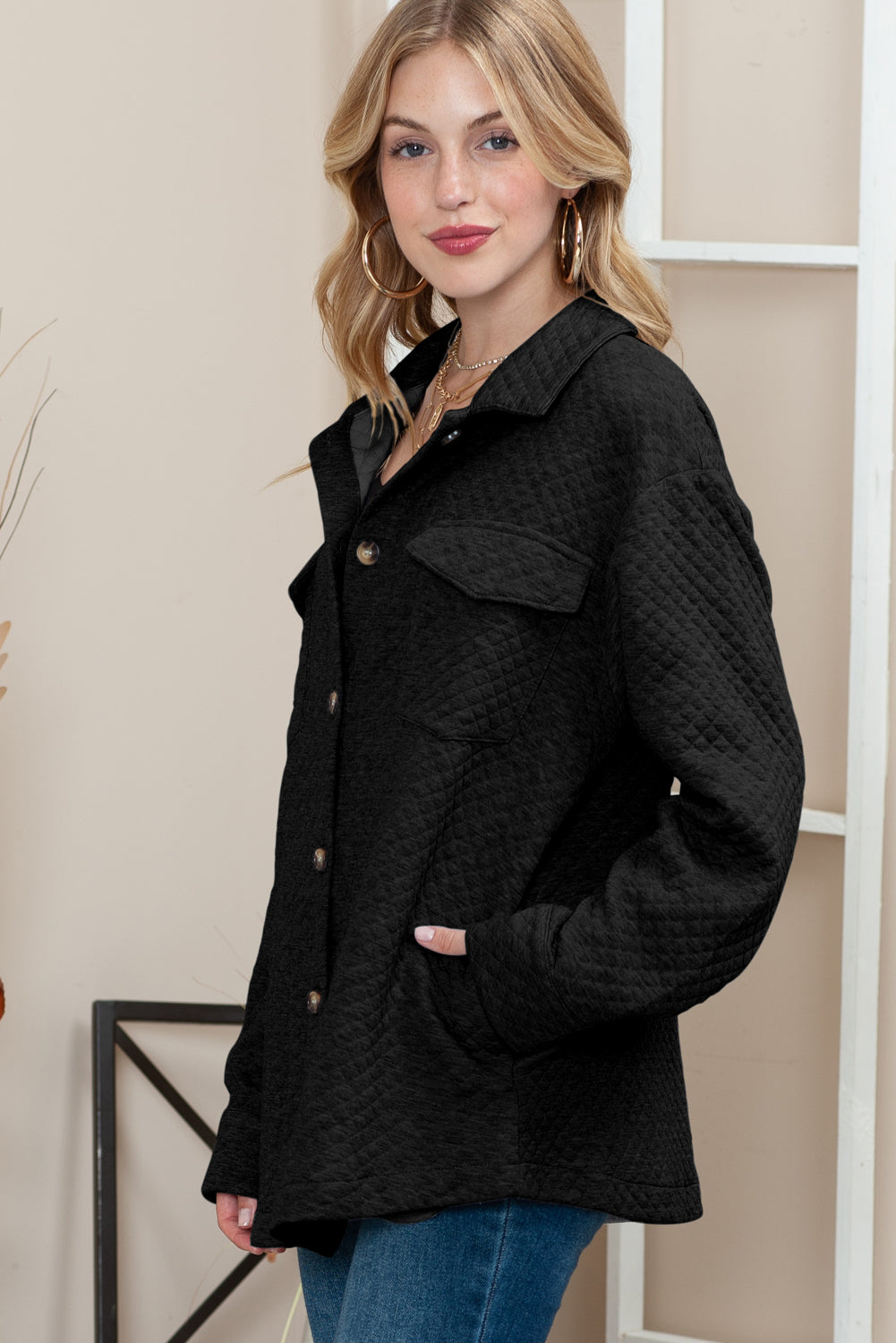 Veste matelassée à boutons et à rabat rétro à texture treillis grise