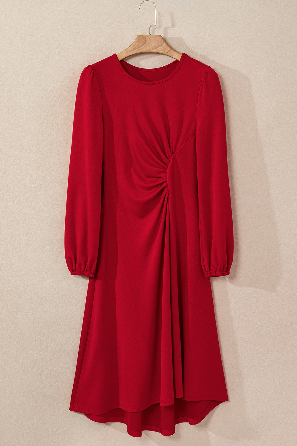 Fiery Red Solid Color Ruched Detail Long Sleeve Midi Dress