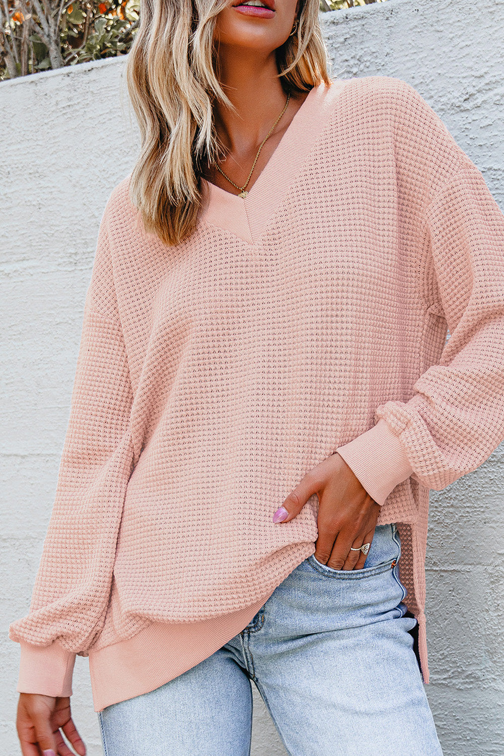 Fushia Thermal V Neck Relaxed Long Sleeve Knit Top