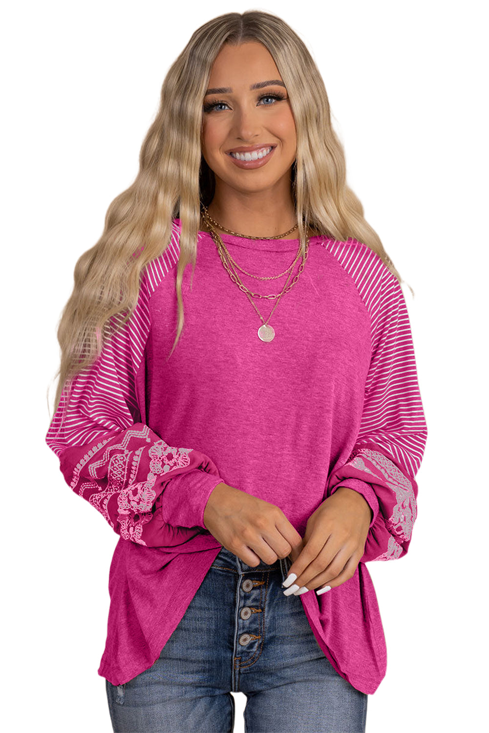 Medium Grey Contrast Print Striped Raglan Long Sleeve Loose Top