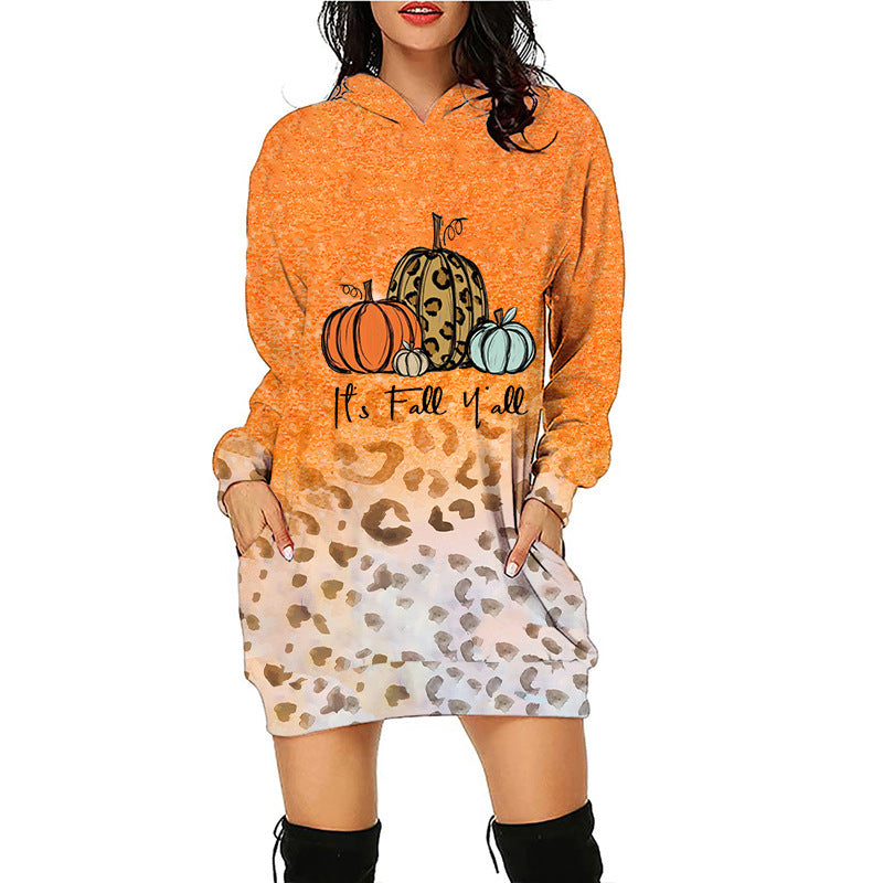 Women Halloween Pumpkin Print Hoodie Dress