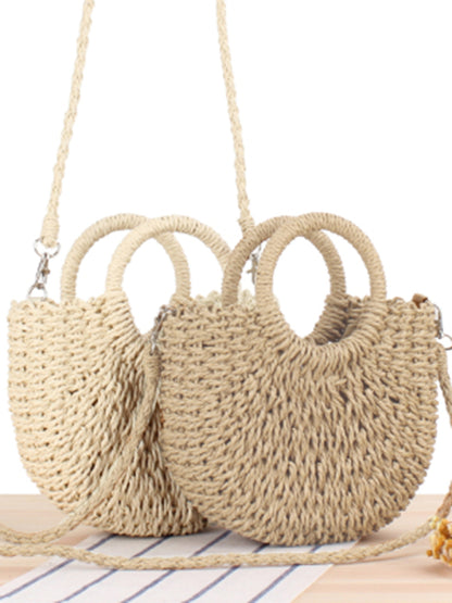 Sac de plage tissé à la main en paille demi-ronde pour femme 