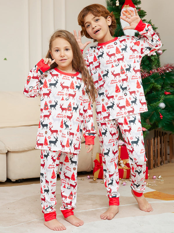 New cartoon full flower deer print parent-child Christmas pajamas home wear long-sleeved set