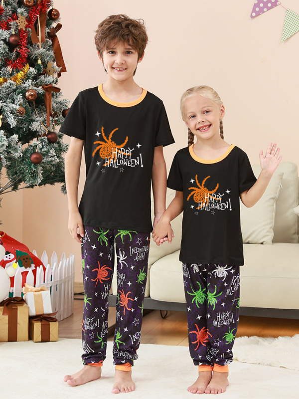 Halloween Christmas Parent-Child Homewear Spider Printed Two Piece Pajamas Short Sleeve Long Pants