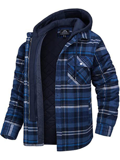 Men casual Thickened Padded Plaid Long Sleeve Loose Hooded Jacket