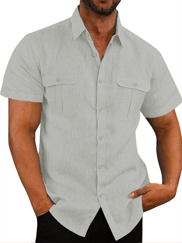 Men's Shirt Double Pocket Cotton Linen Short Sleeve Shirt Casual Vacation Shirt