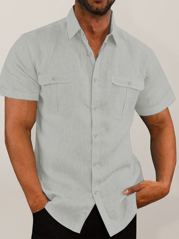 Men's Shirt Double Pocket Cotton Linen Short Sleeve Shirt Casual Vacation Shirt