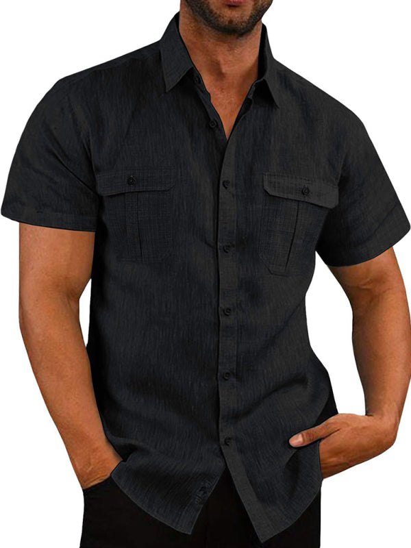 Men's Shirt Double Pocket Cotton Linen Short Sleeve Shirt Casual Vacation Shirt