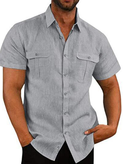 Men's Shirt Double Pocket Cotton Linen Short Sleeve Shirt Casual Vacation Shirt