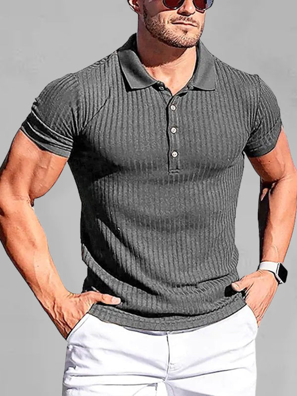 New Men's High Stretch Vertical Stripe Long Sleeve POLO Shirt Slim Fit Short Sleeve Polo Shirt