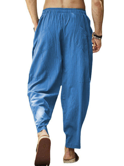 Men's casual loose cotton and linen drawstring hip-hop lantern pencil pants