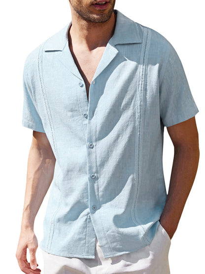 Men's Loose Casual Linen Shirt Cuban Guayabera Short Sleeve Beach Shirt