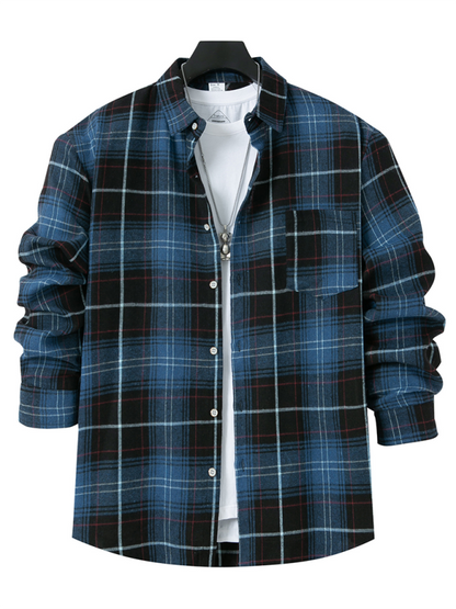 Men's brushed thin plaid long-sleeved casual shirt