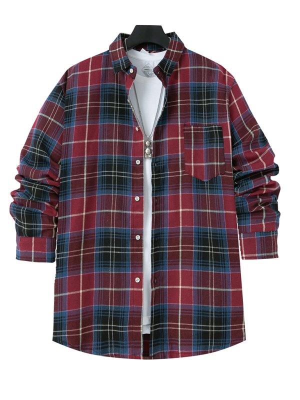 Men's brushed thin plaid long-sleeved casual shirt