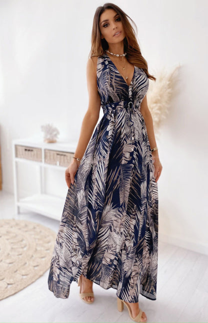 Women's Leaf Print V-Neck Maxi Dress