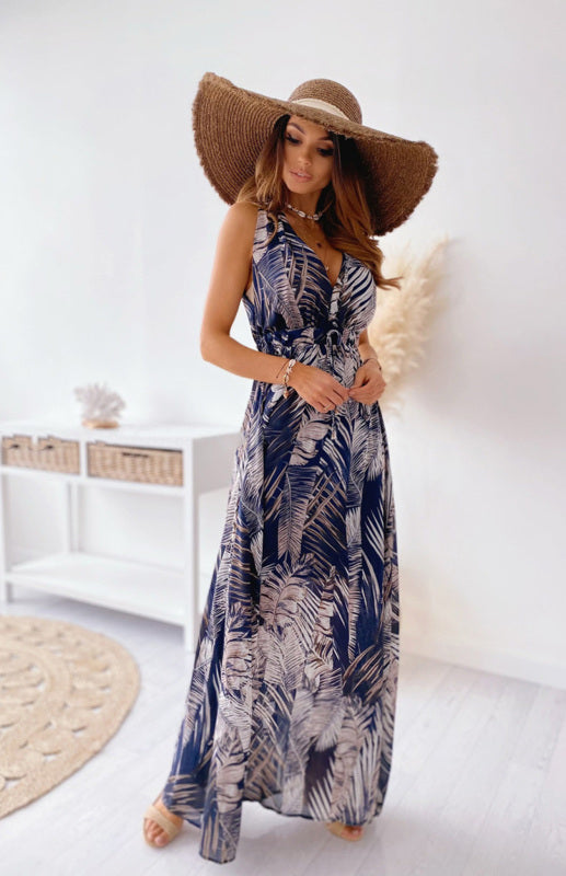 Women's Leaf Print V-Neck Maxi Dress