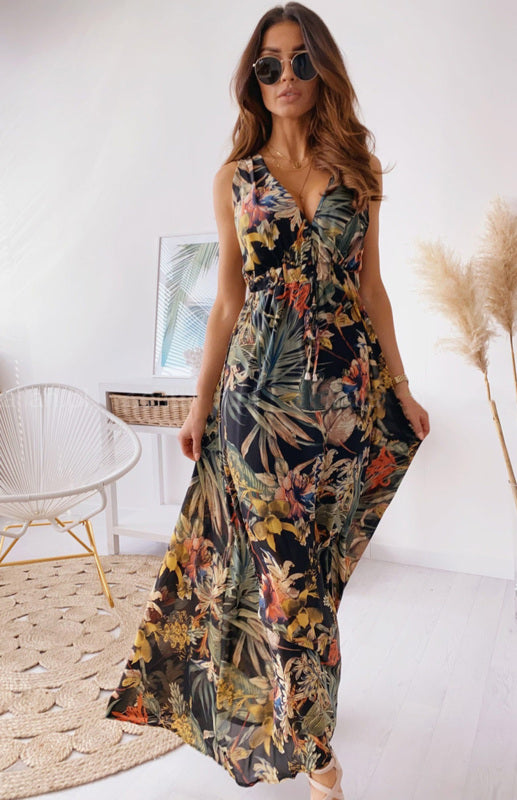 Women's Leaf Print V-Neck Maxi Dress