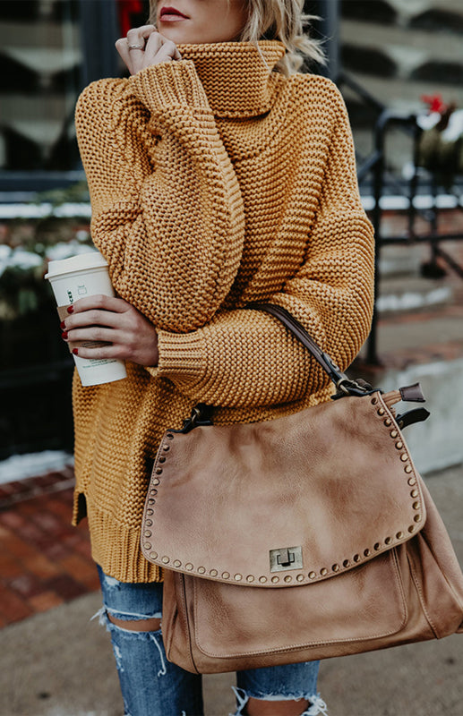 Knit Sweater Woman With Thick Thread, Long Sleeves And High Neck Pullover