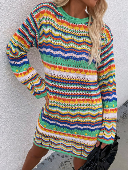 Women'S Rainbow Stripe Pullover Medium Length Sweater