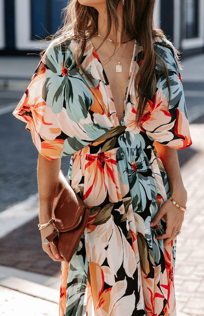 Women's Orange Split Floral Kimono Long Dress