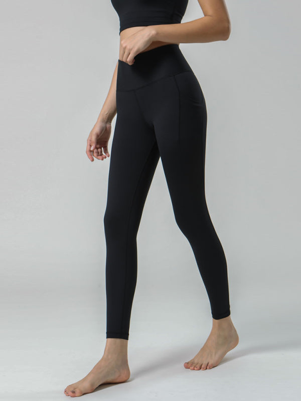 Pantalones de yoga de cintura alta con bolsillos y cepillado de doble cara para mujer 