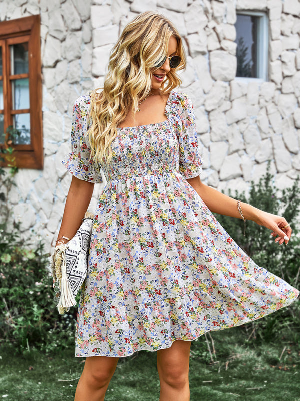 Women's French square collar skirt short sleeve Floral Dress