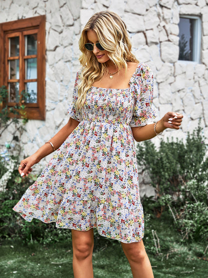 Women's French square collar skirt short sleeve Floral Dress