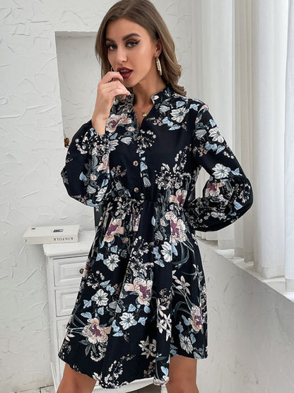 Black Vintage Women's Long Sleeve Print Dress