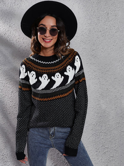 Pull tricoté à manches longues avec motif fantôme d'Halloween rétro pour femme 