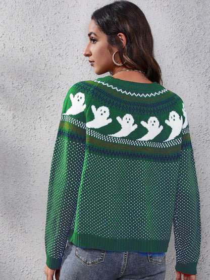 Pull tricoté à manches longues avec motif fantôme d'Halloween rétro pour femme 