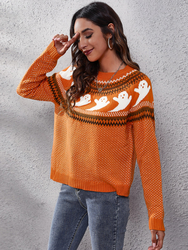 Pull tricoté à manches longues avec motif fantôme d'Halloween rétro pour femme 