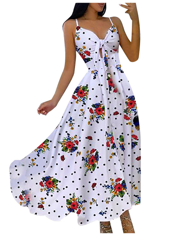 Women's Lace Up Full Floral Sexy Halter Dress Long