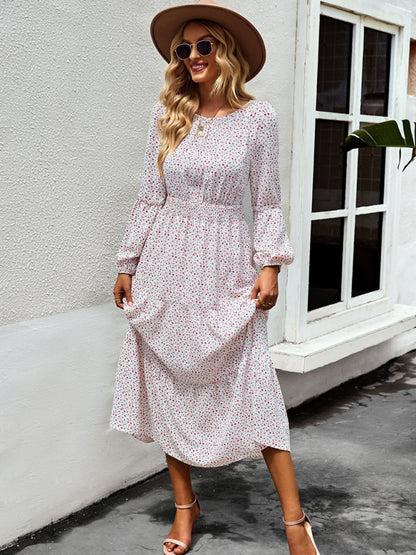 Women Floral Print Long Sleeve Midi Dress