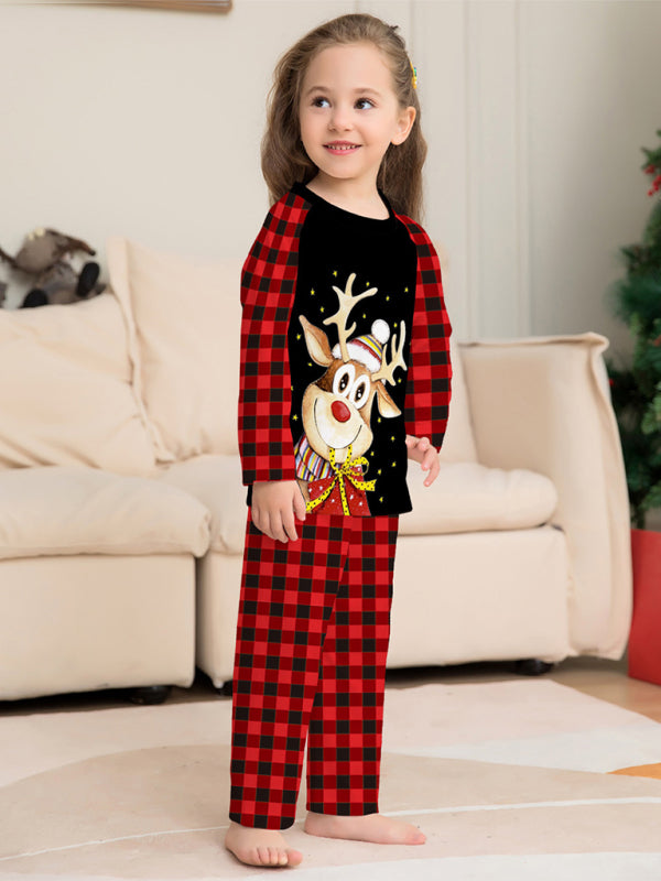 Cartoon deer plaid Christmas parent-child printed housewear pajamas