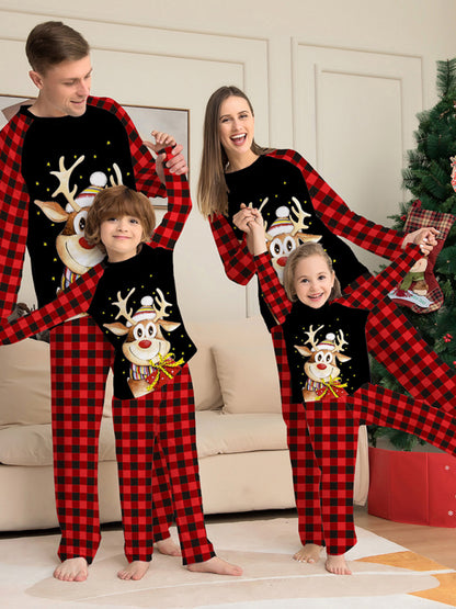 Cartoon deer plaid Christmas parent-child printed housewear pajamas