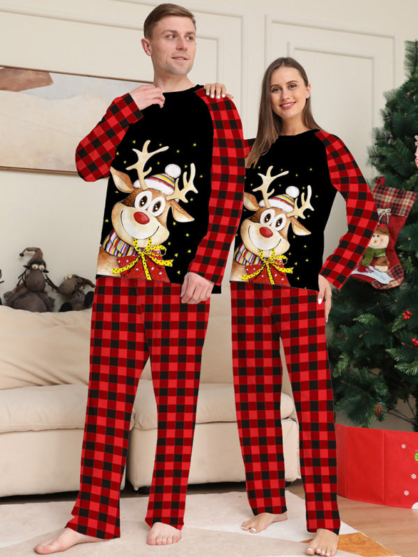 Cartoon deer plaid Christmas parent-child printed housewear pajamas