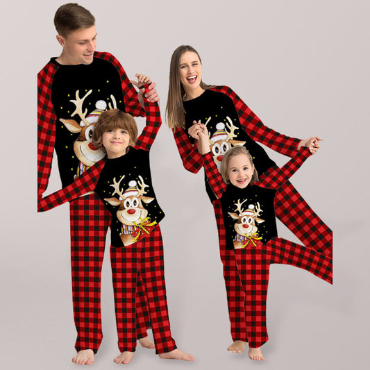 Cartoon deer plaid Christmas parent-child printed housewear pajamas