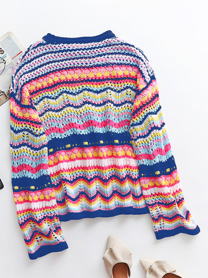 Splicing Knit Sweater Loose Intercolor Foreign Trade Round Neck Striped Sweater Women