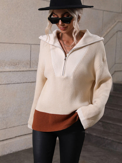 Pullover Color Block Knit Long Sleeve Zippered Sweater